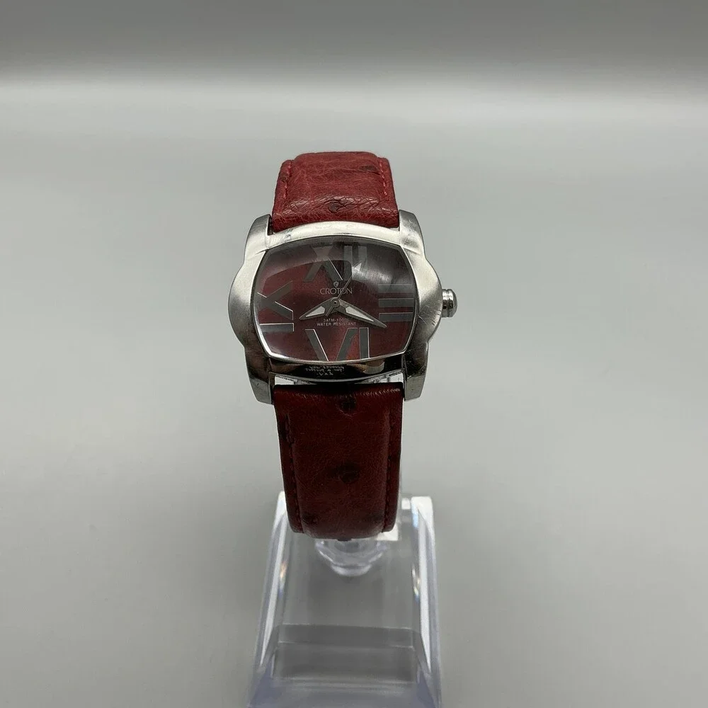 Croton Womens Watch 33mm Silver Tone Red Cushion Ostrich Leather New Battery